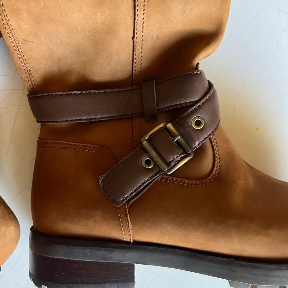 UGG Harington tall suede buckle strap boots in chestnut brown, a side zipper ank